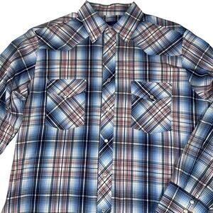 Wrangler Western Shirts Red/White/Blue Plaid Pearl Snap Long Sleeve Shirt Size L